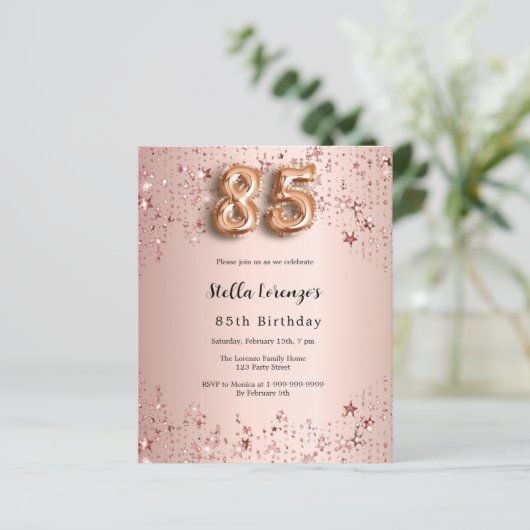 85e verjaardag roos gouden roze sterren uitnodigin (Staand voorkant)