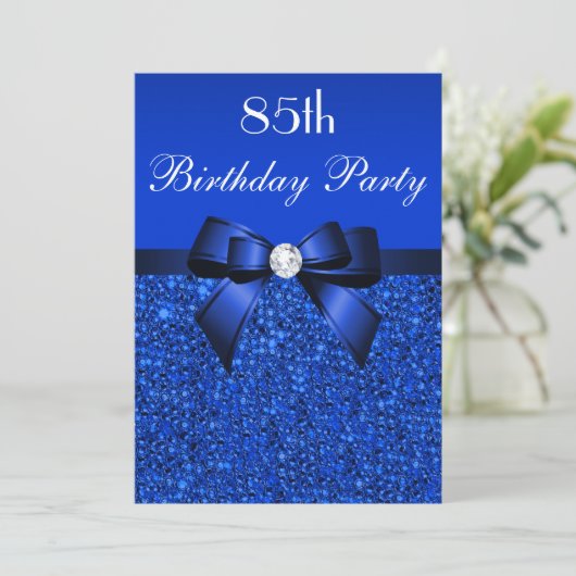 85e verjaardag Royal Blue Sequins Bow and Diamond Kaart (Staand voorkant)