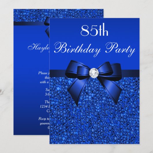 85e verjaardag Royal Blue Sequins Bow and Diamond Kaart (Voorkant / Achterkant)