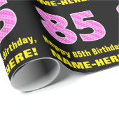 85e verjaardag: Roze strepen en hart "85" + naam Cadeaupapier (Rol Hoek)