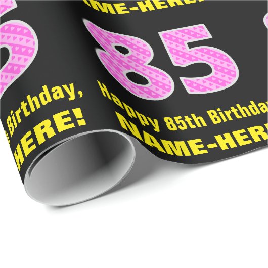 85e verjaardag: Roze strepen en hart "85" + naam Cadeaupapier (Rol Hoek)