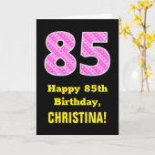85e verjaardag: Roze strepen en hart "85" + naam Kaart (Gele Bloem)