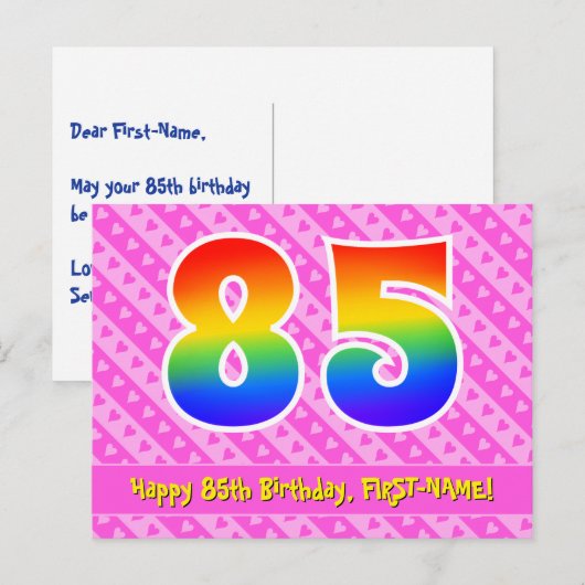 85e verjaardag: Roze strepen & harten, Regenboog 8 Briefkaart (Voorkant / Achterkant)