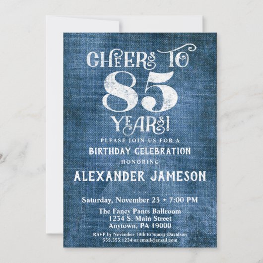 85e verjaardag Uitnodiging Blauwe linen Rustic Che (Voorkant)