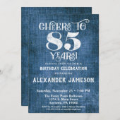 85e verjaardag Uitnodiging Blauwe linen Rustic Che (Voorkant / Achterkant)