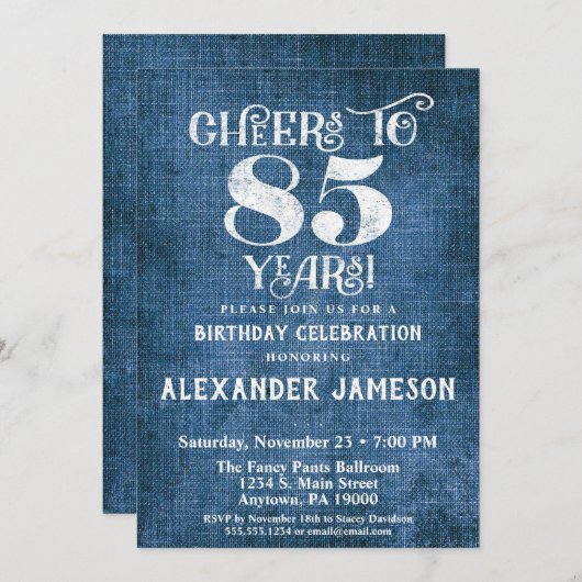 85e verjaardag Uitnodiging Blauwe linen Rustic Che (Voorkant / Achterkant)