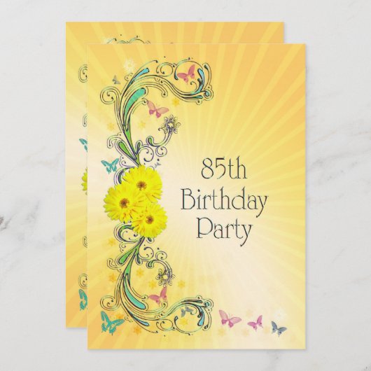 85e verjaardag Uitnodiging met gele bloemen (Voorkant / Achterkant)