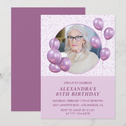 85e verjaardag Uitnodigingen Ballonnen Foto Paarse (Voorkant / Achterkant)