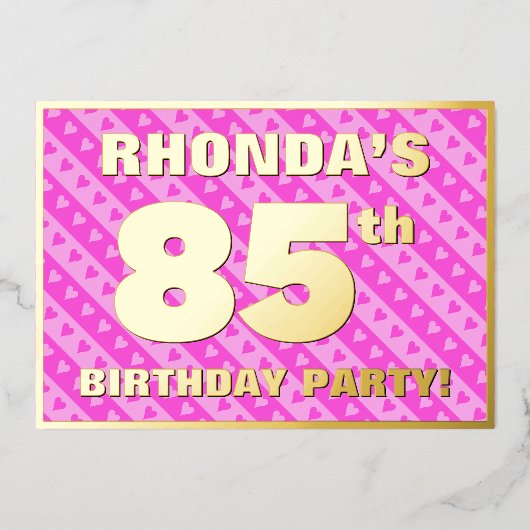 85e verjaardag - vuurroze harten en strips folie uitnodiging (Voorkant)