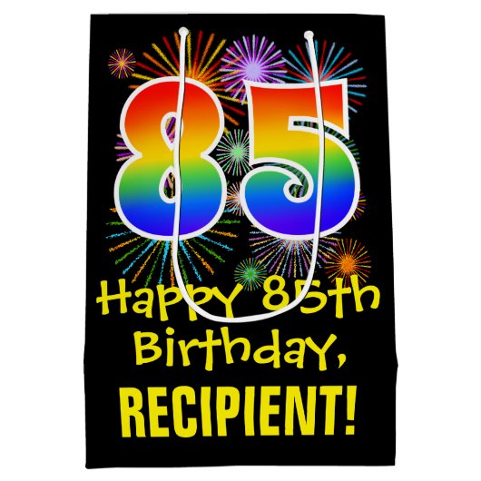 85e verjaardag: Vuurwapenpatroon en regenboog 85 Medium Cadeauzakje (Achterkant)