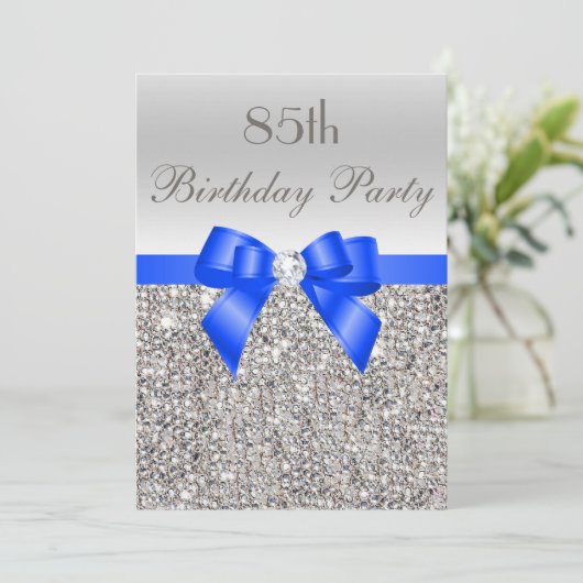 85e verjaardag zilveren Sequin Royal Blue Bow Diam Kaart (Staand voorkant)