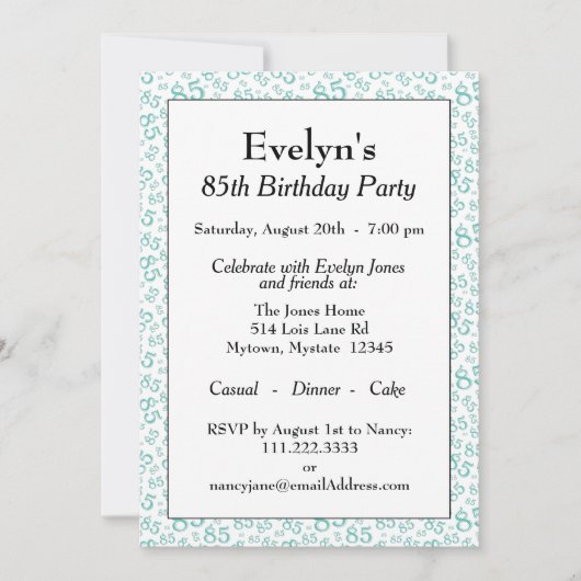 85e verjaardagsfeest Blauwgroen en wit getallenpat Kaart (Voorkant)