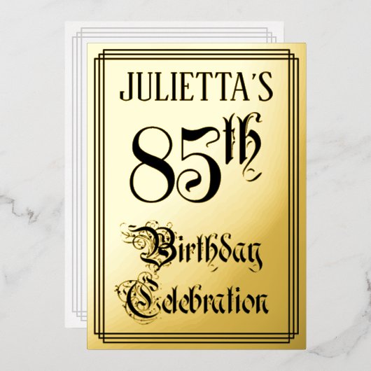 85e verjaardagsfeest — Elegant script + aangepaste Folie Uitnodiging (Voorkant / Achterkant)