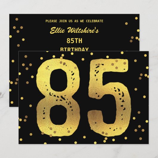 85e Verjaardagsfeest Faux Gold Foil Confetti Zwart Kaart (Voorkant / Achterkant)