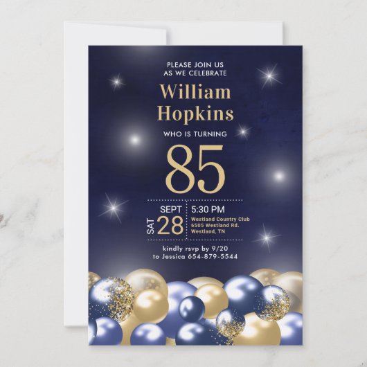 85e Verjaardagsfeest Marine Blauw Gouden Ballonnen Kaart (Voorkant)