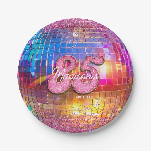 85e verjaardagsfeestje Gouden Roze Glitter Disco B Papieren Bordje (Voorkant)