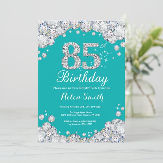85e Verjaardagsuitnodiging Blauwgroen en Silver Di Kaart (Staand voorkant)