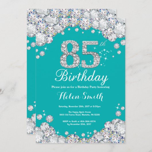 85e Verjaardagsuitnodiging Blauwgroen en Silver Di Kaart (Voorkant / Achterkant)