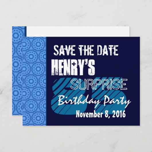 85e Verrassing Verjaardag Save the Date Blue Patte Aankondigingskaart (Voorkant / Achterkant)