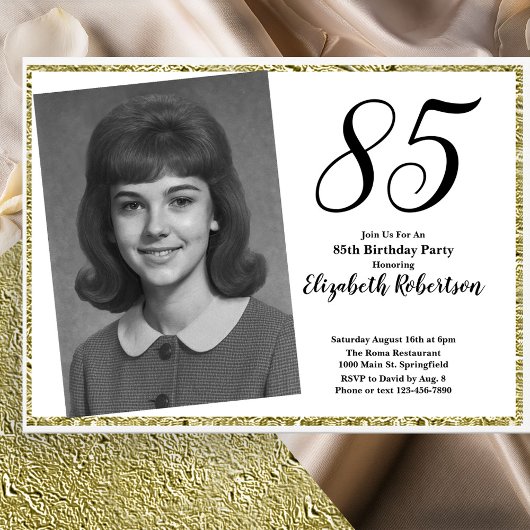 85ste aangepaste foto witte en gouden verjaardag kaart