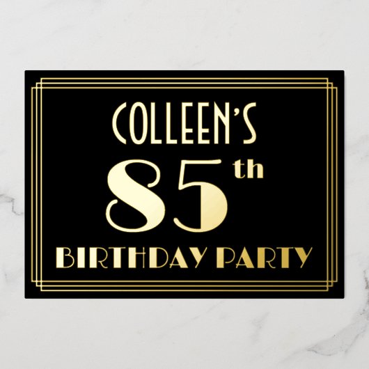 85ste verjaardag: Art Deco Kijk "85", met naam Folie Uitnodiging (Voorkant)