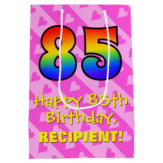 85ste verjaardag: Leuke roze harten strepen; Regen Medium Cadeauzakje (Achterkant)