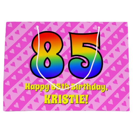 85ste verjaardag: roze strepen & harten, regenboog groot cadeauzakje (Voorkant)