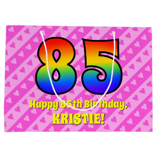 85ste verjaardag: roze strepen & harten, regenboog groot cadeauzakje (Achterkant)