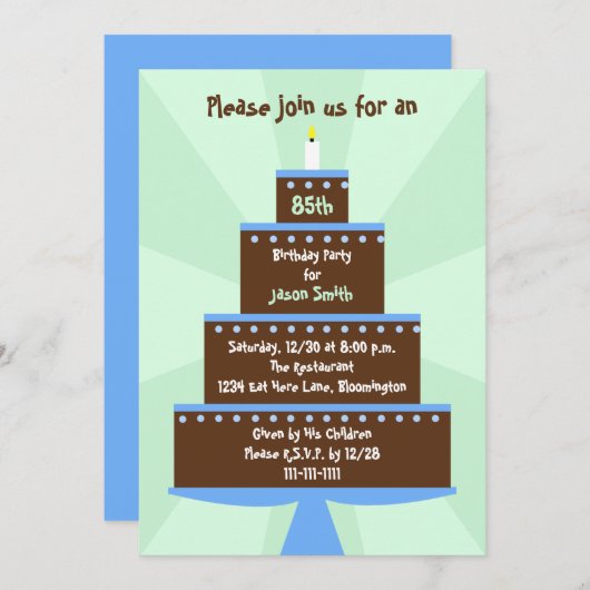 85ste Verjaardagsfeestje Uitnodigingstaart op Groe Kaart (Voorkant / Achterkant)