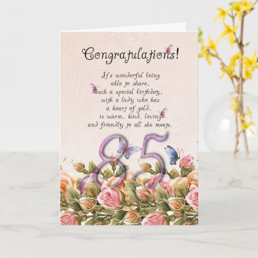 85ste verjaardagskaart met vlinders en rozen - co kaart (Gele Bloem)
