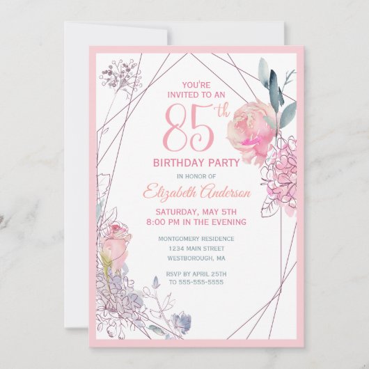 85th Birthday Floral Blush Roos Waterverf Party Kaart (Voorkant)