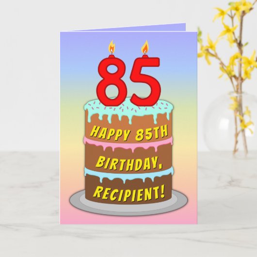 85th Birthday — Fun Cake & Candles, w/ Custom Name Kaart (Gele Bloem)