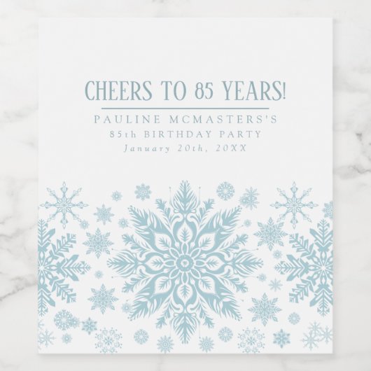 85th Birthday Minimalist Blue Snowflake Custom Wijn Etiket (Enkel label)
