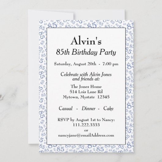 85th Birthday Party Blue and White Number Pattern Kaart (Voorkant)