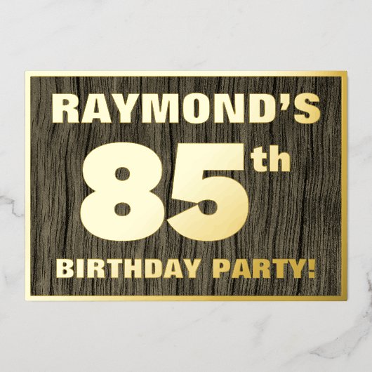 85th Birthday Party: Bold, Faux Wood Grain Pattern Folie Uitnodiging (Voorkant)