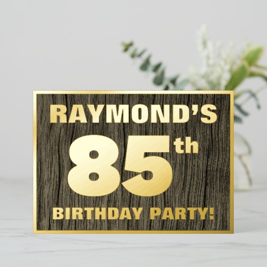 85th Birthday Party: Bold, Faux Wood Grain Pattern Folie Uitnodiging (Staand Voorkant)