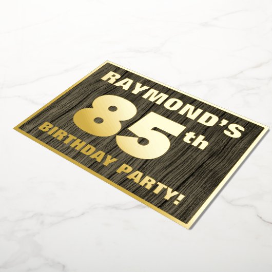 85th Birthday Party: Bold, Faux Wood Grain Pattern Folie Uitnodiging (Gedraaid)
