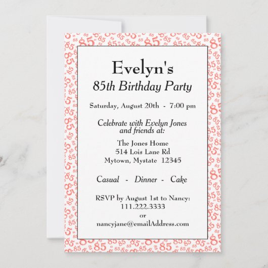 85th Birthday Party Coral and White Number Pattern Kaart (Voorkant)