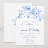 85th Birthday Party Dusty Blue Floral Kaart (Voorkant / Achterkant)