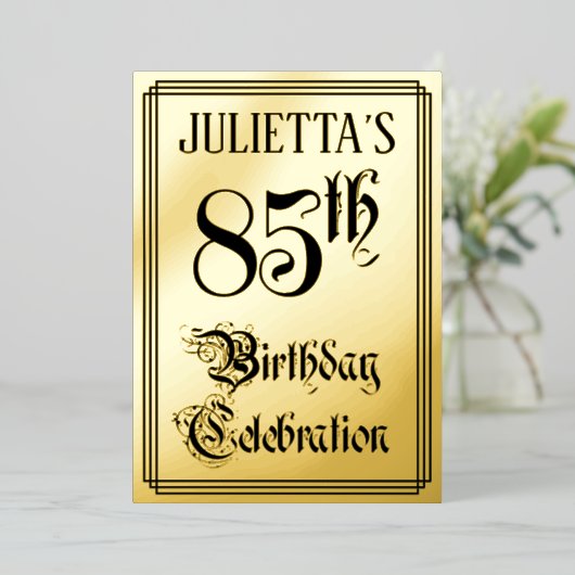 85th Birthday Party — Elegant Script + aangepaste Folie Uitnodiging (Staand Voorkant)