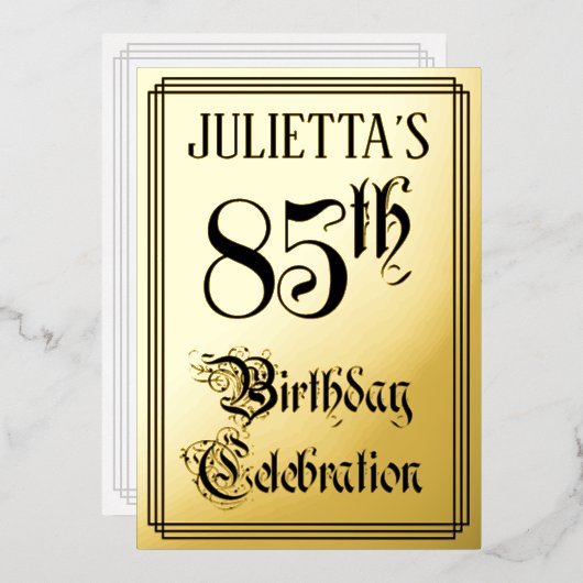 85th Birthday Party — Elegant Script + aangepaste Folie Uitnodiging (Voorkant / Achterkant)