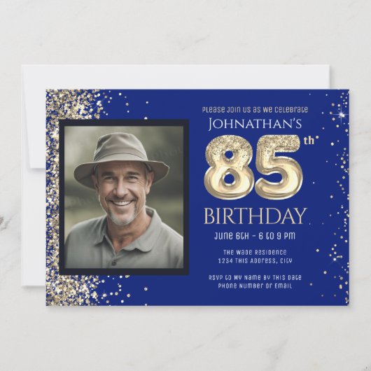 85th Birthday Party Gold Glitter Blue Photo Invita Kaart (Voorkant)