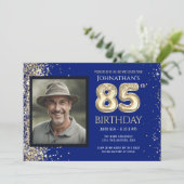 85th Birthday Party Gold Glitter Blue Photo Invita Kaart (Staand voorkant)