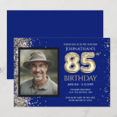 85th Birthday Party Gold Glitter Blue Photo Invita Kaart (Voorkant / Achterkant)