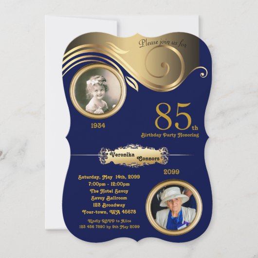 85th, Birthday Woman age, art deco, Navy gold Kaart (Voorkant)
