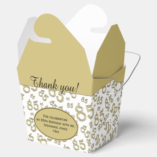 85th Party Goud/Wit Willekeurig Getal Patroon Bedankdoosjes (Geopend)
