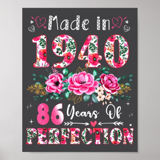 86 Year Old Made In 1940 Floral 86th Birthday Wome Poster (Voorkant)