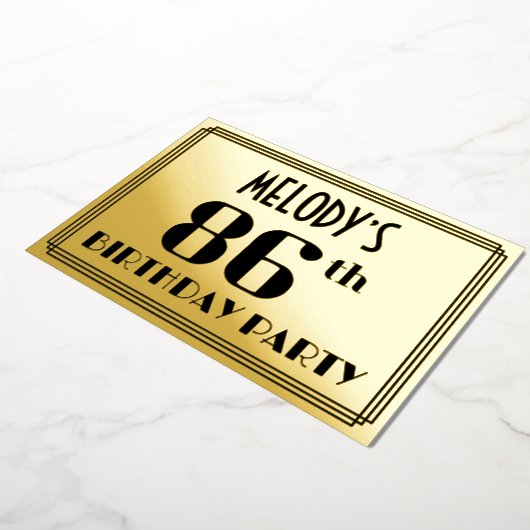 86e verjaardag: Art Deco Kijk "86" en naam Folie Uitnodiging (Gedraaid)