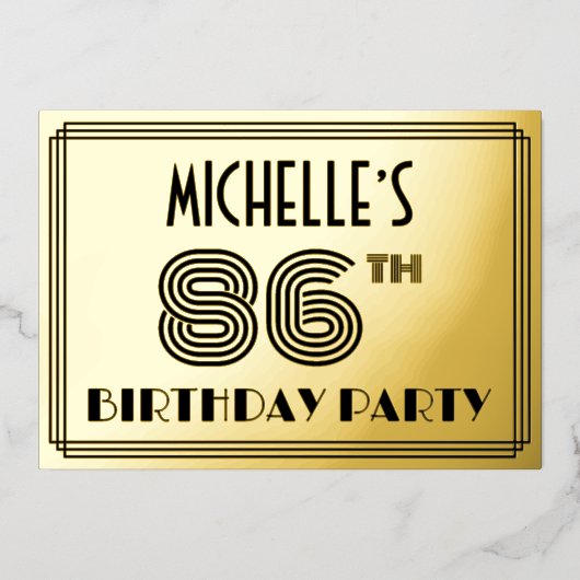 86e verjaardag — Art Deco Style "86" en naam Folie Uitnodiging (Voorkant)