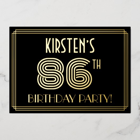 86e verjaardag — Art Deco Style "86" + Naam Folie Uitnodiging (Voorkant)